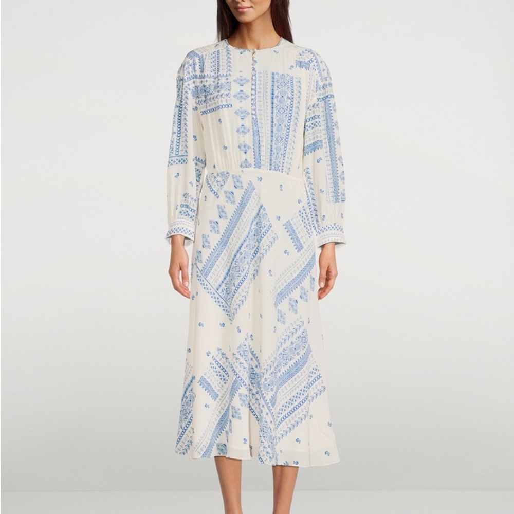 ba&sh Blue and White “INES” Long Sleeve Sundress